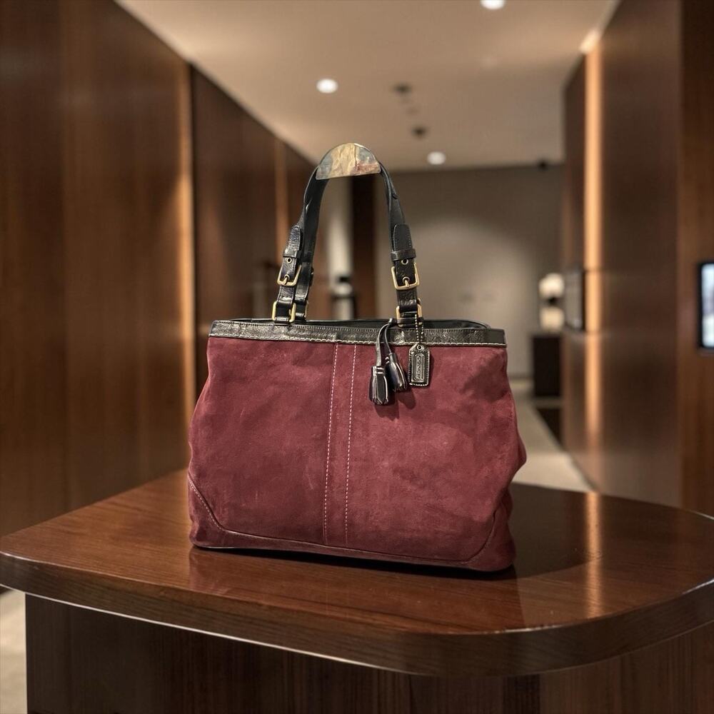 Coach Hamptons Suede Carryall / Shoulder Bag In Burgundy 5139